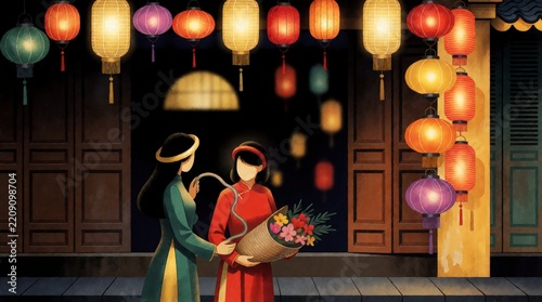 Vietnamese women in traditional ao dai holding flowers under glowing lanterns for Tet celebration