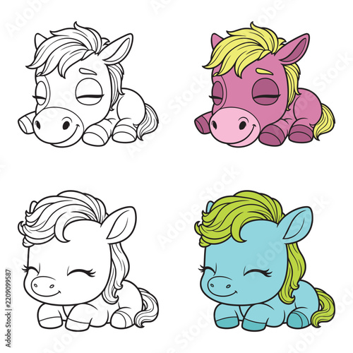 Vector line drawing of cartoon funny babies horses