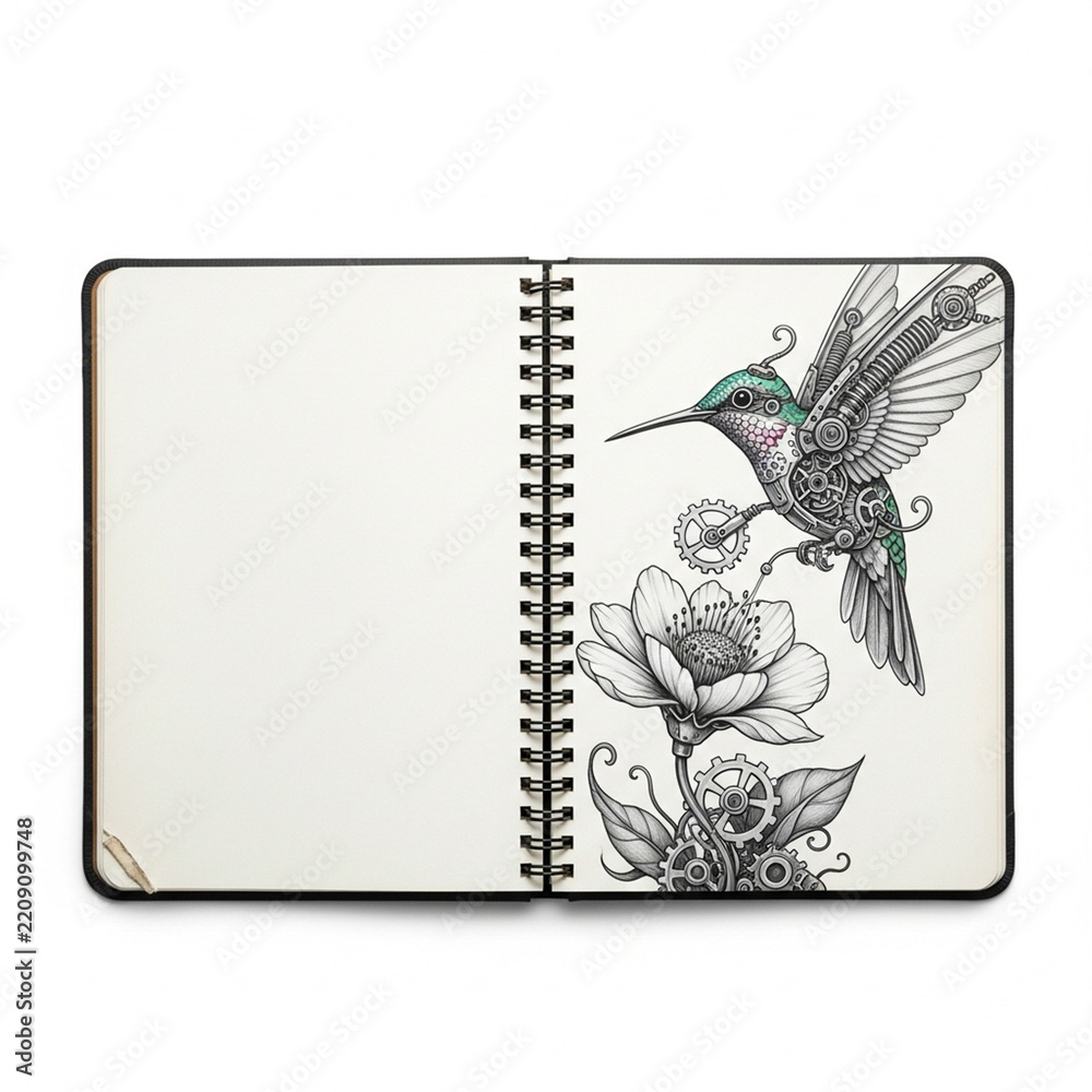 Fototapeta premium Intricate Steampunk Hummingbird and Flower Drawing on Open Sketchbook Page