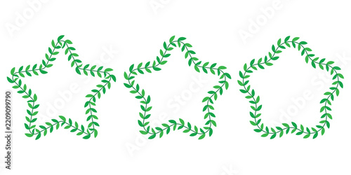 Three star shaped wreaths made of green leafy vines isolated on a white background