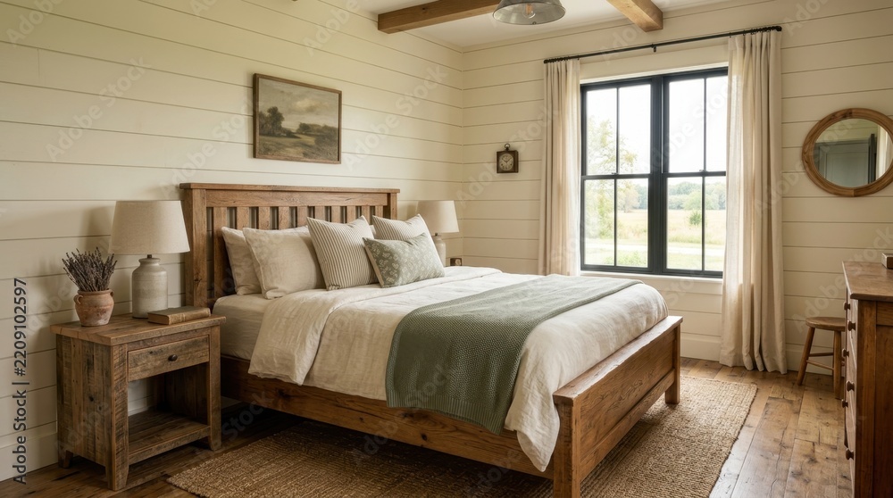 Fototapeta premium A cozy bedroom features a wooden bed with neutral bedding and a green throw blanket in a rustic farmhouse