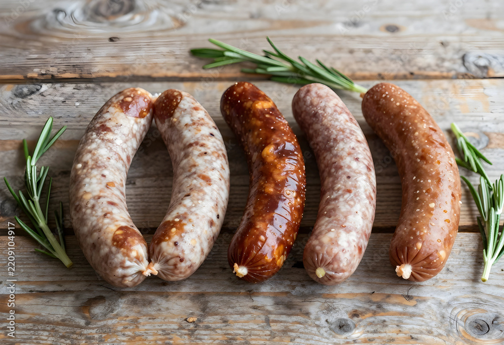 Fototapeta premium Gourmet food and culinary preparation, raw sausages with fresh rosemary herbs on rustic wooden table for traditional meat cooking and kitchen recipes