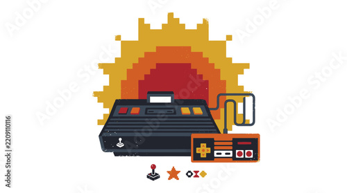 Retro video game console illustration featuring classic pixel art style and sunset background.