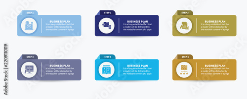 Six business process cards with numbered steps, icons and text areas for workflow, presentations, planning, strategy and diagrams. Eps vector illustration design. 