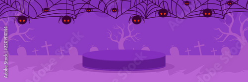 Halloween Podium Background with Spiders and Cemetery Scene. Halloween Promotion vector background