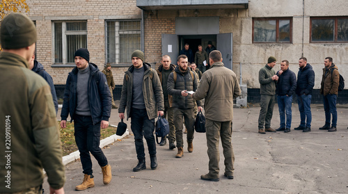 Men gathered near military enlistment office before health examination, military mobilization, conscription process, recruitment, wartime service concept