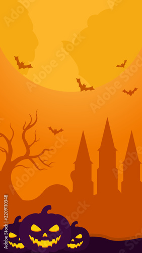 Halloween Spooky Castle and Pumpkins Vertical Background. Halloween with big moon vertical background vector.