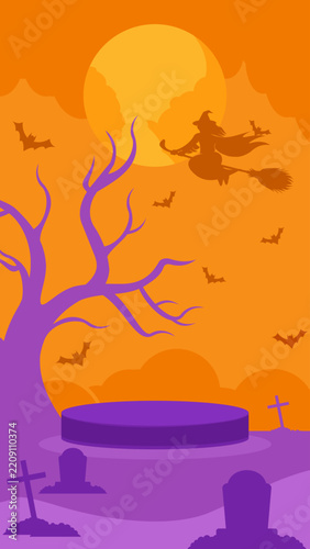 Halloween Podium and Witch Flying Over Graveyard Background. Halloween vertical vector background