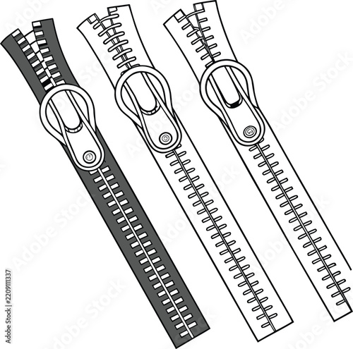 Three diagonal zipper with metal pull tabs.