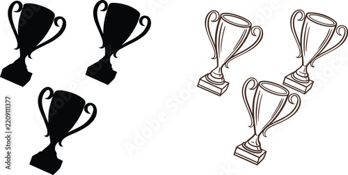 Three solid black trophy silhouettes and three matching line outlines.
