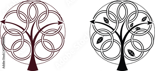 Two circular tree icons with interlocking rings and directional arrows.
