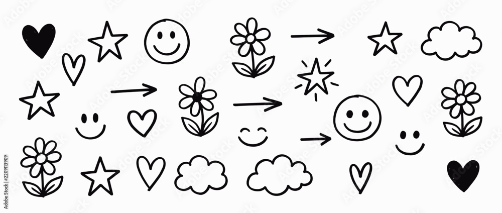 Obraz premium Cute line art icons with hearts and flowers. Whimsical smiley faces and cloud symbols. Hearts, stars, flowers, clouds, smiley faces, sad faces, peace signs, arrows. Vector illustration.