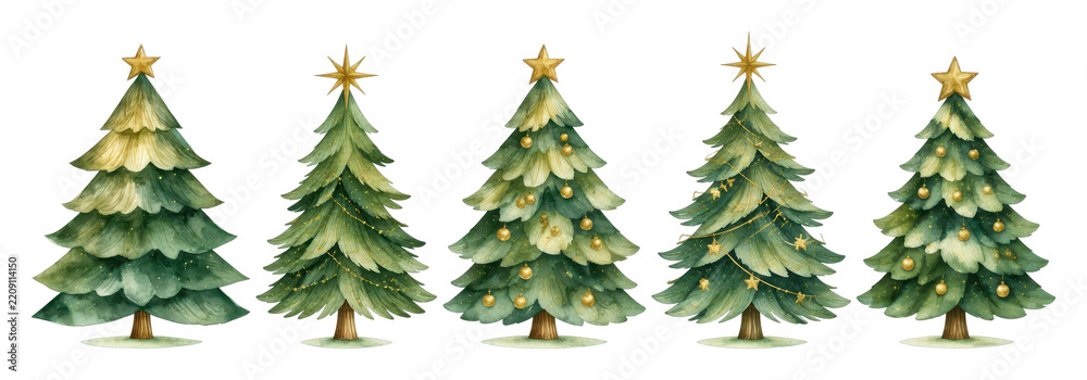Fototapeta premium PNG Watercolor Christmas tree collection with golden ornaments and stars