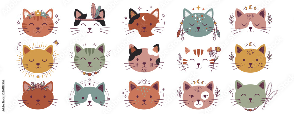 Obraz premium Cat Face Hand Drawn Vector Set Cute Kitten Doodle Colorful