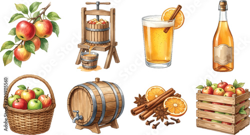 Vector Illustration Watercolor apple cider set with fresh apples branch, press machine, glass, bottle, basket, barrel, spices, and crate