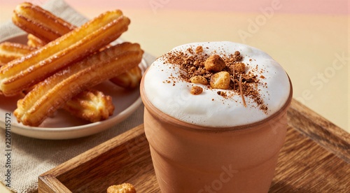 Churros and hot chocolate with creamy foam and cinnamon topping served in a clay cup on a wooden tray for a sweet snack