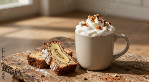 A cozy mug of hot beverage topped with whipped cream and caramel crumbs next to slices of banana bread on a rustic wooden stool