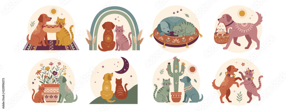 Obraz premium Dog Cat Friendship Hand Drawn Vector Set Boho Pet Love Illustration
