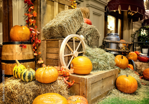 Autumnal decorative arrangement featuring pumpkins and a wooden cart, reminiscent of a harvest festival display.