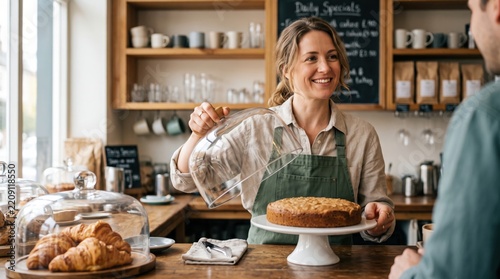 Smiling female barista serving cake to a customer in a cozy cafe.