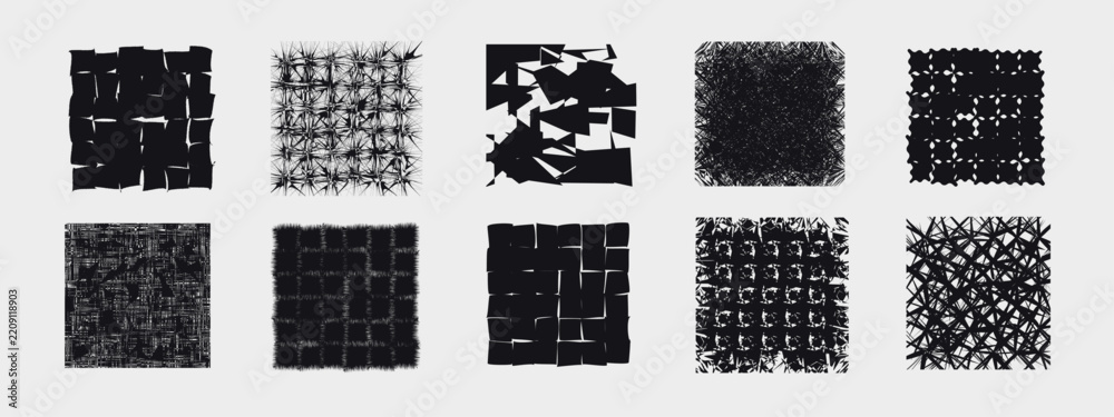 Obraz premium Dark neo-brutalisim graphic elements collection. Edgy monochrome halftone backgrounds, chaotic crosshatch textures, and cyber punk square overlays for streetwear design.