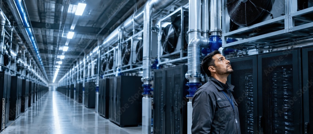 Fototapeta premium Man stands in server room, gazing upward