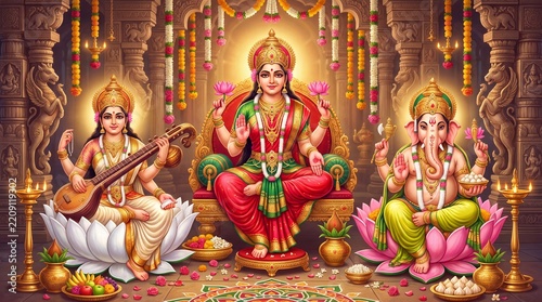 Goddess Lakshmi Saraswati and Lord Ganesha on Lotus for Diwali Lakshmi Puja Festival