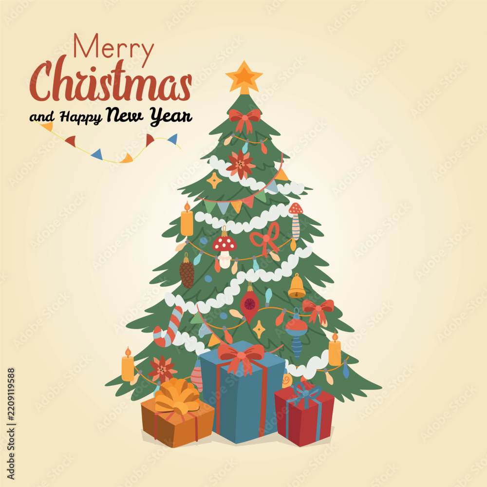 Naklejka premium Festive Christmas greeting card with a decorated Christmas tree, colorful ornaments and wrapped gifts.