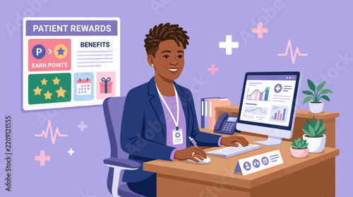 Healthcare professional working at computer, patient rewards program concept