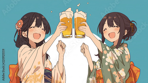 和風の室内でビールを飲む浴衣姿の女性二人