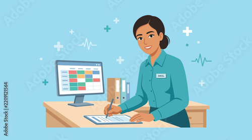 Healthcare Professional Working at Desk with Computer and Tablet