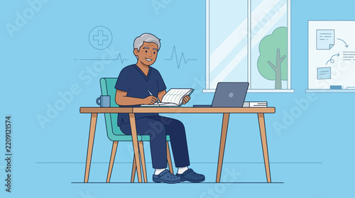 Healthcare Professional Working at Desk with Laptop and Notes