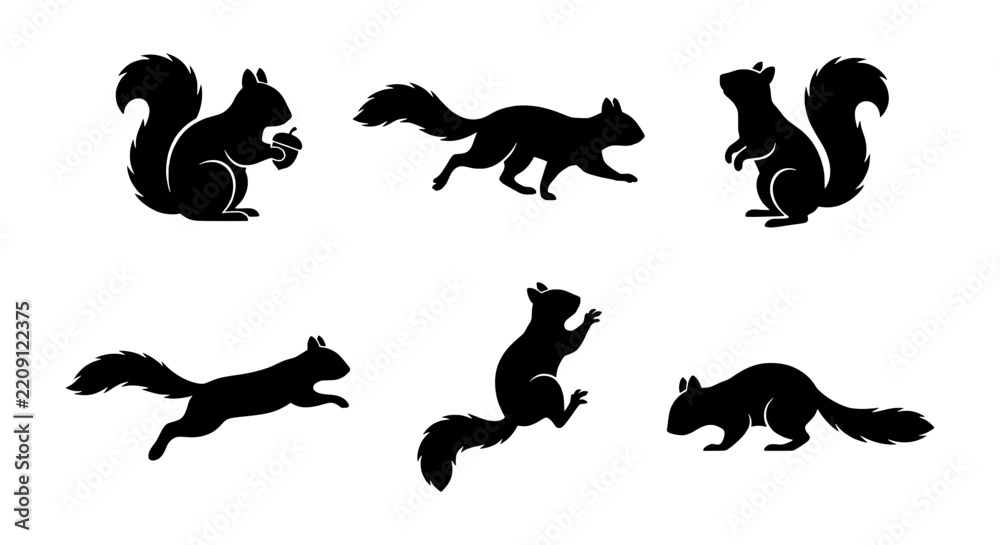 Obraz premium Squirrel silhouettes depict various actions including holding a nut, running, and leaping across the frame.