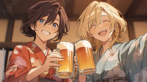 浴衣姿の女性二人がビールで乾杯するイラスト
