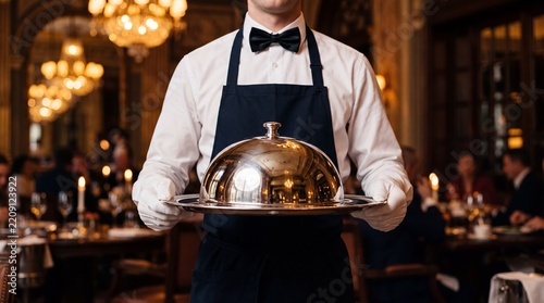 Waiter holding silver cloche tray in luxury restaurant dining room. Catering attendant presenting hot meal dish under metal dome platter during fine dining service at upscale banquet hall.