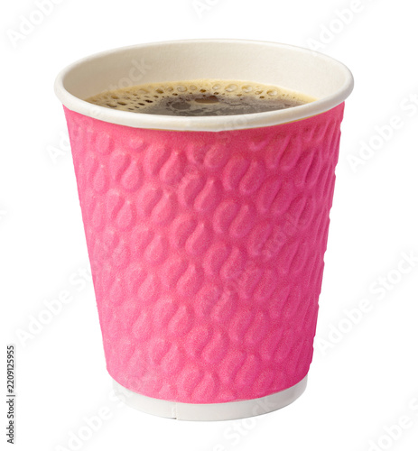 Obraz na plátně Coffee cup with a pink sleeve on a simple background