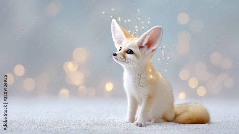 Obraz premium Adorable fennec fox with fairy lights on soft blanket and glittering background