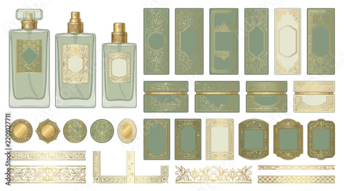 Elegant Perfume Bottles & Packaging with Intricate Gold Ornamentation