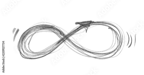 Hand drawn black chalk infinity sign with arrow isolated on white background