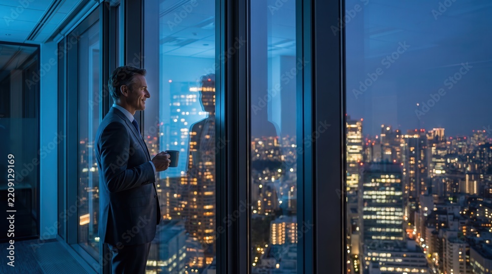 Fototapeta premium Reflective businessman in a suit looking out high-rise office window at night city skyline, capturing corporate success and leadership vision for business strategy and executive lifestyle.