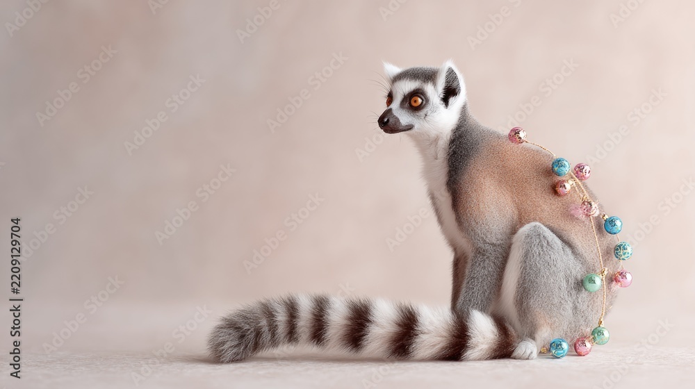 Obraz premium Lemur holding glittery ornaments on neutral background - festive animal theme