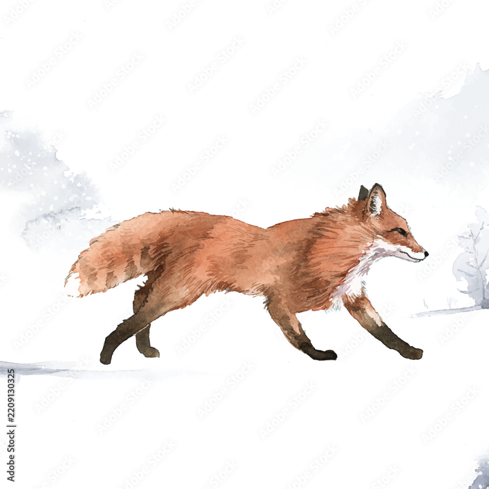 Obraz premium Hand-drawn fox in the snow watercolor style