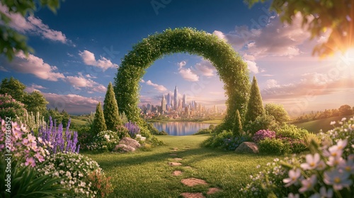 Dreamy landscape with a green hedge archway overlooking a modern city