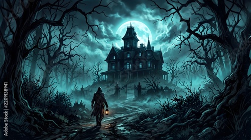Dark and eerie haunted mansion silhouetted against a full moon in a spooky forest