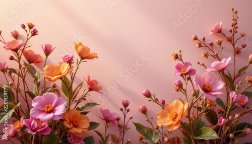 Soft pink and orange flowers with green leaves create warm seasonal background with gentle sunlight and delicate shadows