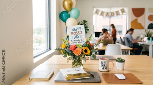 Desk decorated for Boss's Day with flowers and balloons in office  