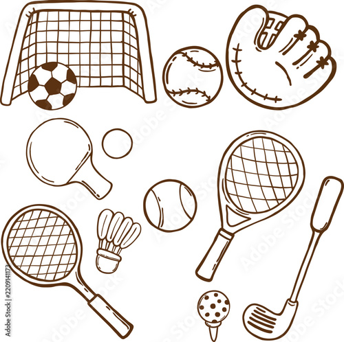 Sports Equipment Set Hand Drawn Isolated Black and White Illustration