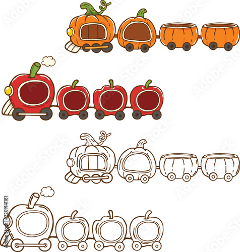 Fairy Tale Pumpkin Train and Apple Train Hand drawn Isolated Illustration