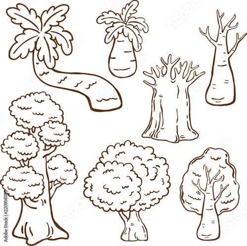 Green Oak Tree Hand drawn Isolated Black and White Illustration