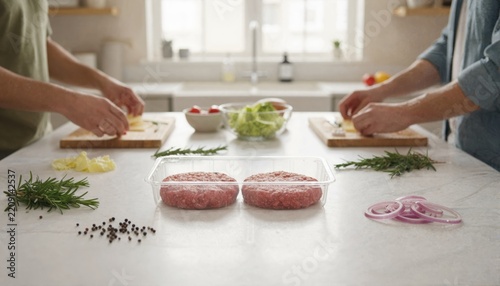 Friends preparing gourmet steak burgers in kitchen
